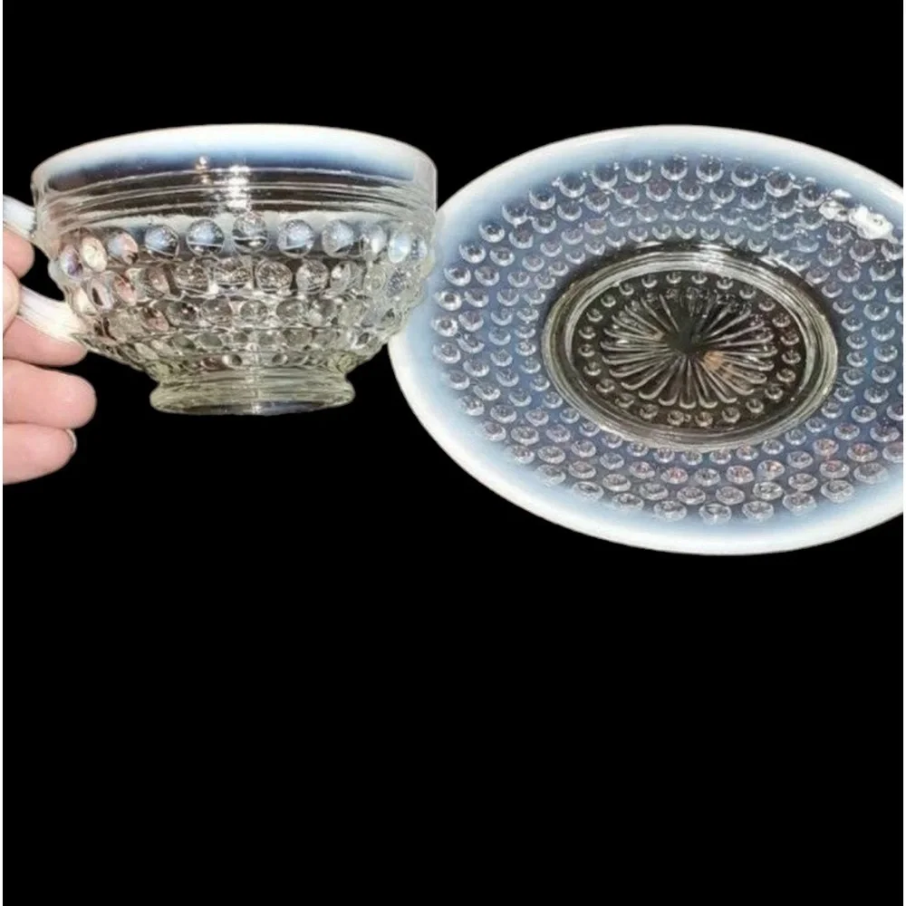 Vintage Moonstone Opalescent Cup & Plate Milk Glass Avcents